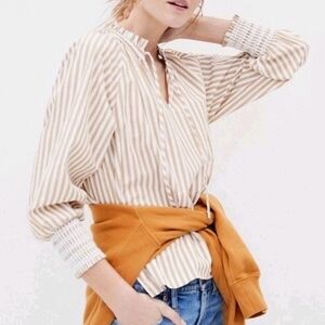 🔴SALE! J. Crew Tan & White Striped Smocked Cuff Popover Top